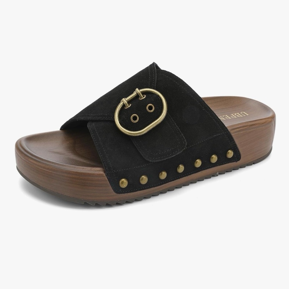 Ubfen Genuine Leather Black Slide Sandals Size 11 Women’s